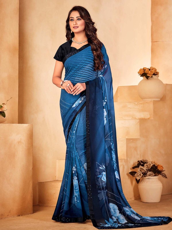 Blue Bamberg Silk Digital Print Saree